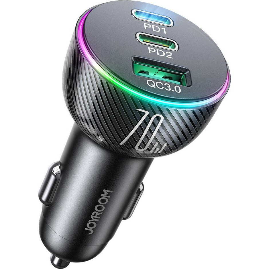Ładowarka samochodowa Joyroom JR-CL26, 1xUSB, 2xUSB-C, 70W, PD i QC 3.0, podświetlenie LED, czarna (JYR636)
